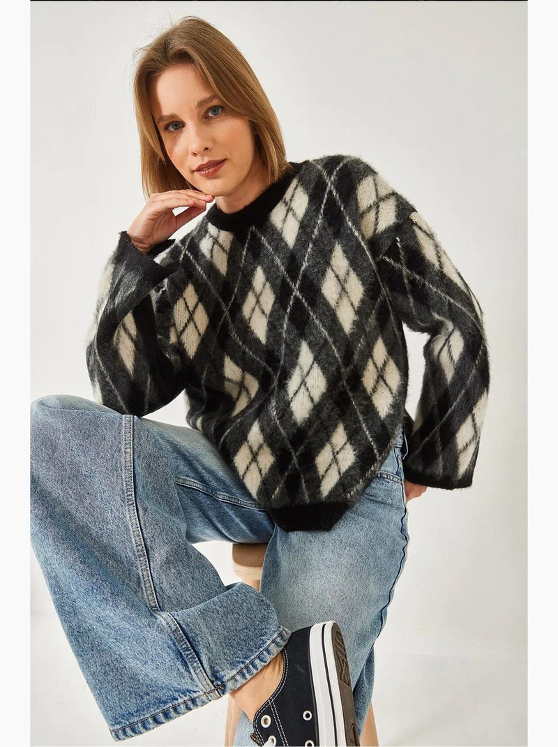 Camisola de malha com racha e padrão de diamantes de lã lucci Preto - Kiabi