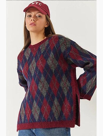 Camisola de malha com racha e padrão de diamantes de lã lucci