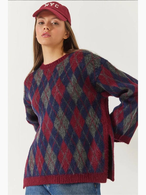Camisola de malha com racha e padrão de diamantes de lã lucci - Kiabi Camisola de malha com racha e padrão de diamantes de lã lucci - Kiabi