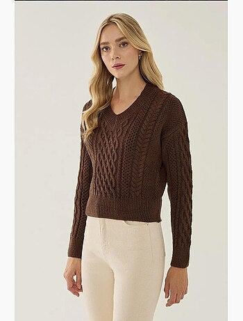 Camisola de malha com trança de cabelo e decote em V