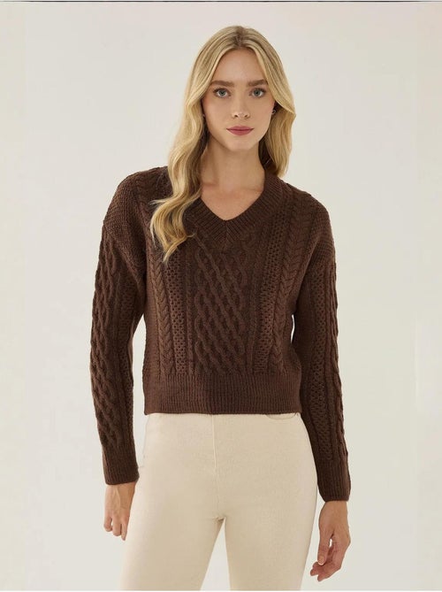 Camisola de malha com trança de cabelo e decote em V - Kiabi Camisola de malha com trança de cabelo e decote em V - Kiabi
