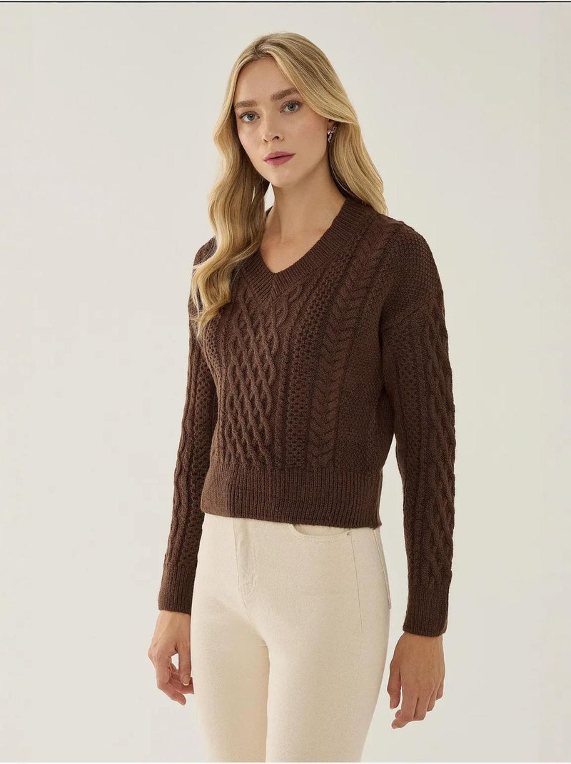 Camisola de malha com trança de cabelo e decote em V Castanho - Kiabi