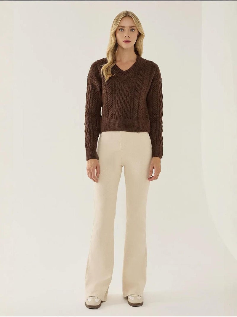 Camisola de malha com trança de cabelo e decote em V Castanho - Kiabi