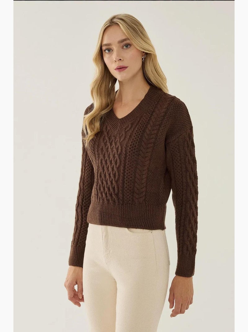 Camisola de malha com trança de cabelo e decote em v hiccup Castanho - Kiabi