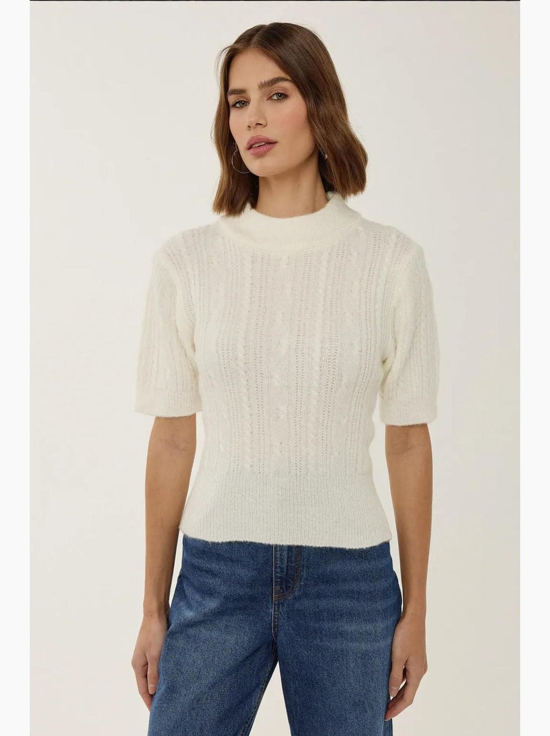 Camisola de malha com trança, manga curta e meia gola alta hiccup Bege natural - Kiabi