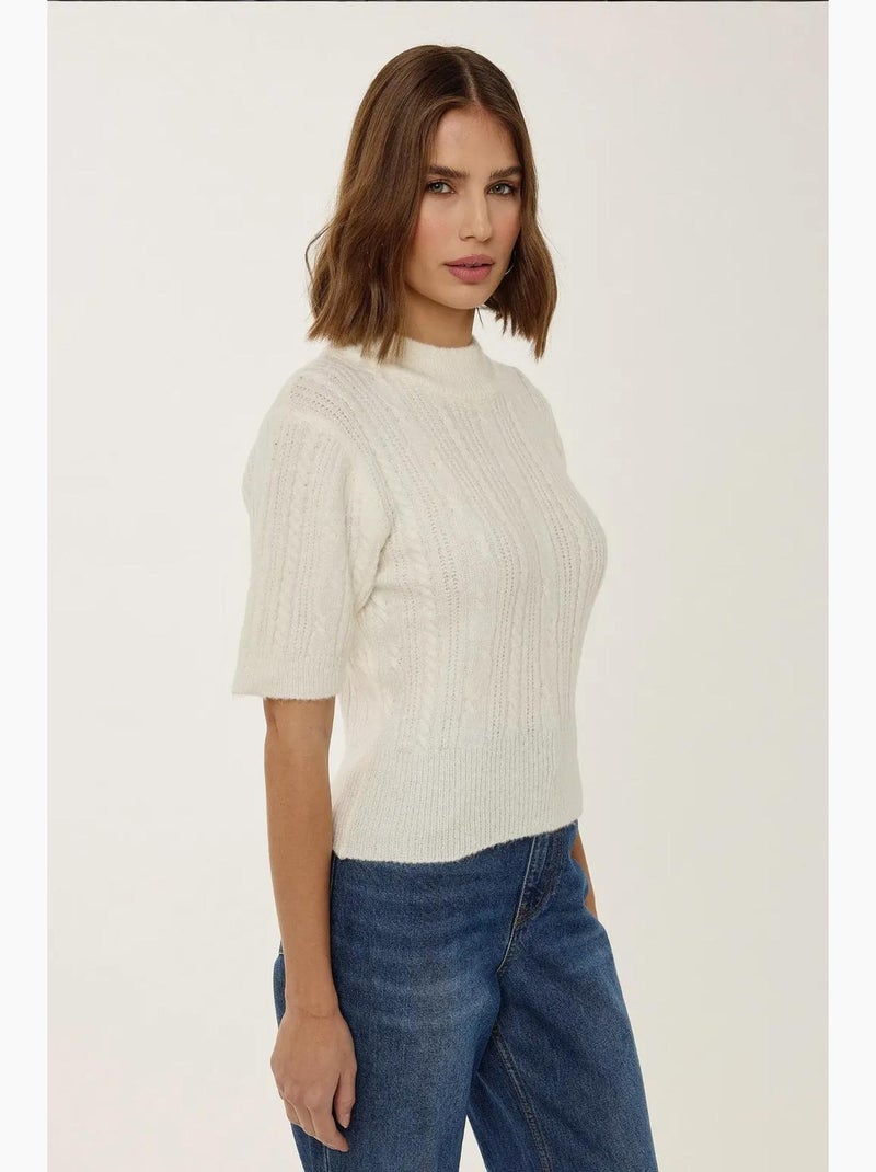 Camisola de malha com trança, manga curta e meia gola alta hiccup Bege natural - Kiabi