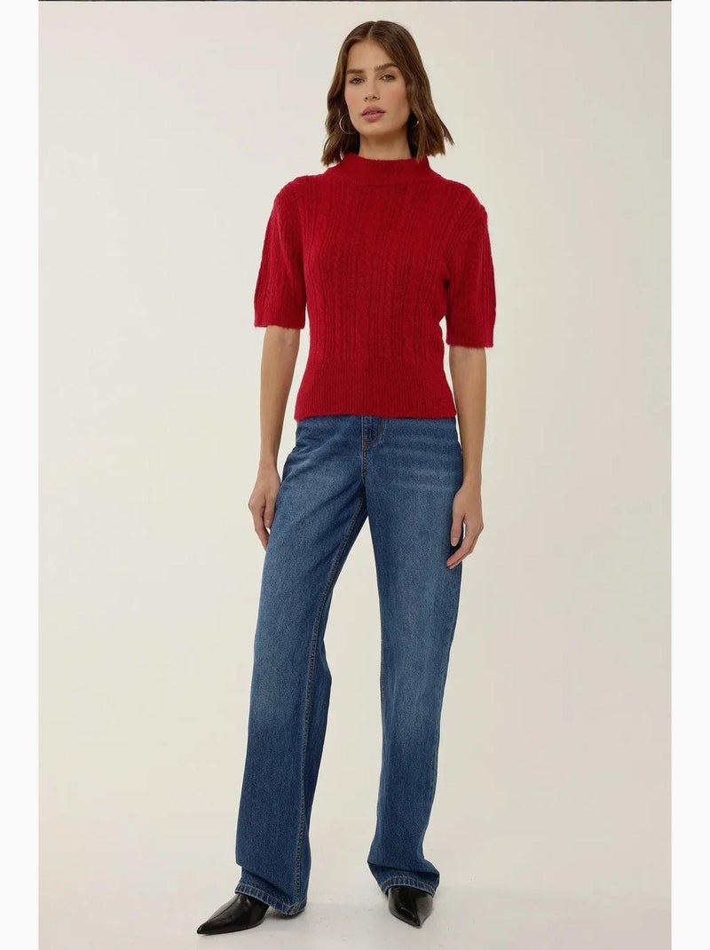 Camisola de malha com trança, manga curta e meia gola alta hiccup Vermelho - Kiabi