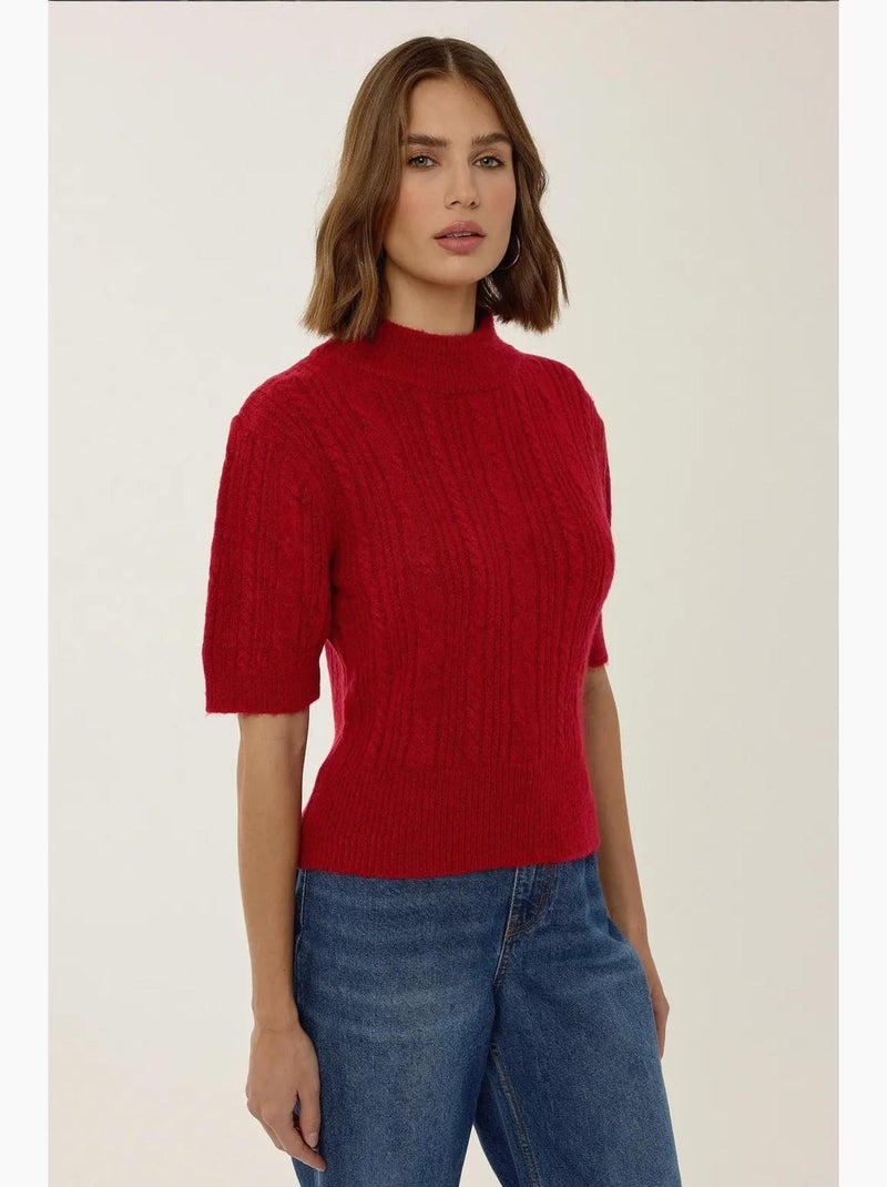 Camisola de malha com trança, manga curta e meia gola alta hiccup Vermelho - Kiabi