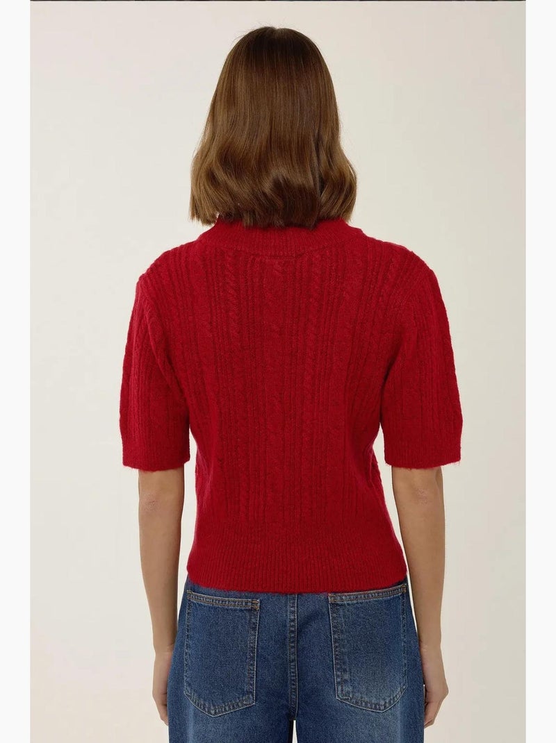 Camisola de malha com trança, manga curta e meia gola alta hiccup Vermelho - Kiabi