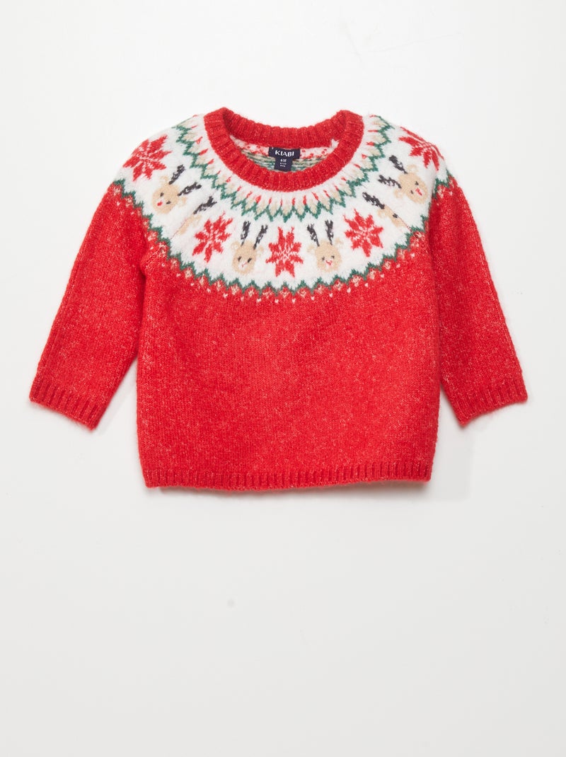Camisola de malha com veado e floco VERMELHO - Kiabi