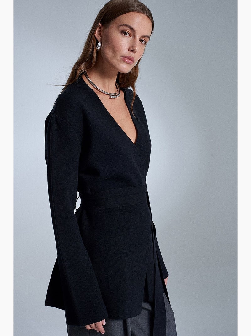 Camisola de malha comprida com decote em v e cinto dilvin Preto - Kiabi