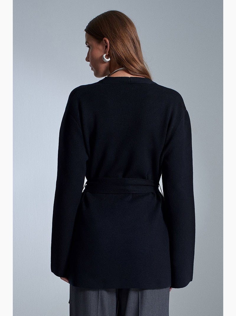 Camisola de malha comprida com decote em v e cinto dilvin Preto - Kiabi