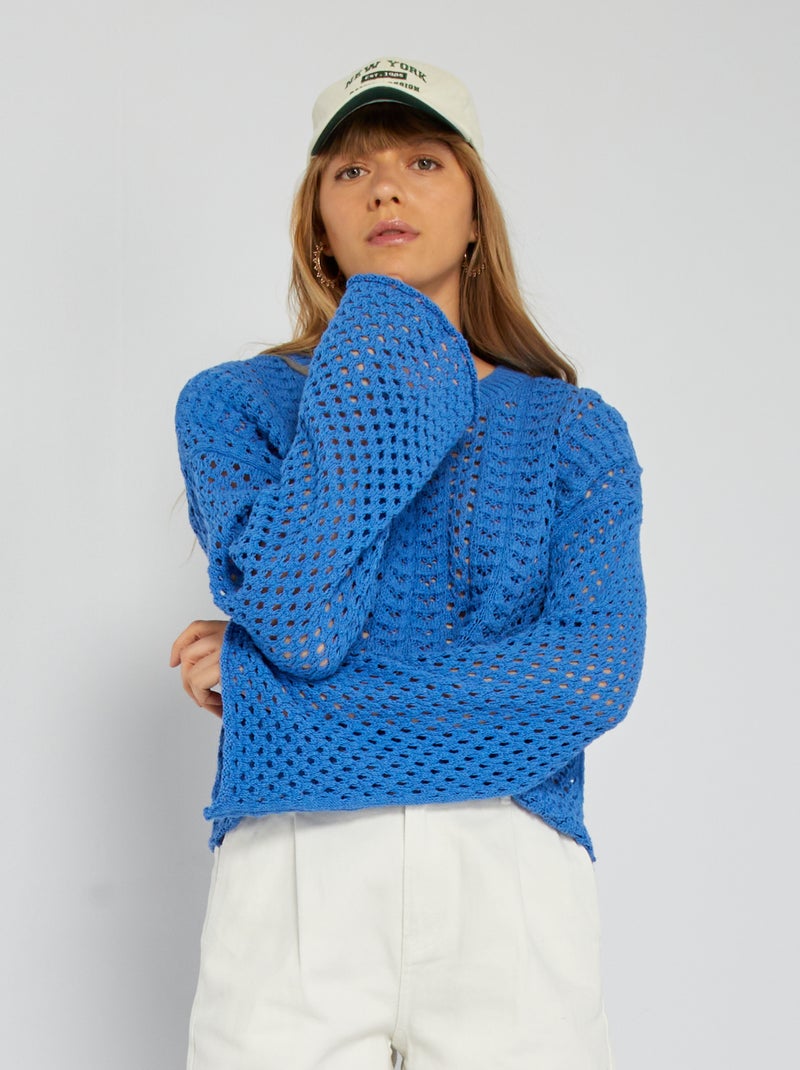 Camisola de malha croché de mangas largas AZUL - Kiabi