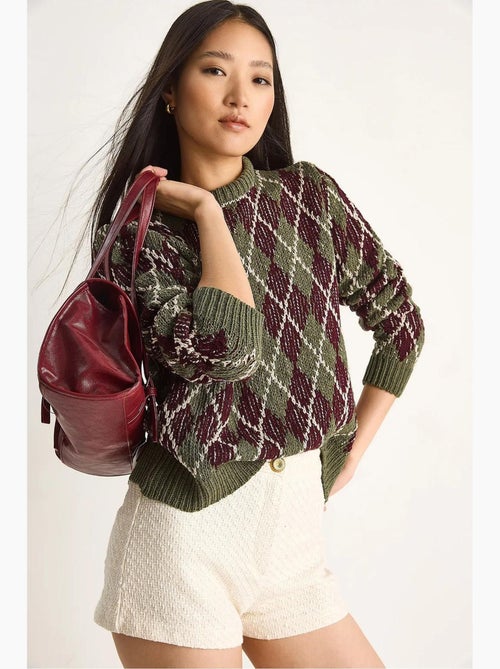 Camisola de malha de mulher com decote redondo e padrão losango lucci - Kiabi Camisola de malha de mulher com decote redondo e padrão losango lucci - Kiabi