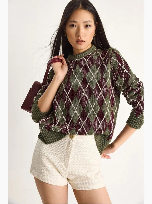 Camisola de malha de mulher com decote redondo e padrão losango lucci - Kiabi Camisola de malha de mulher com decote redondo e padrão losango lucci - Kiabi