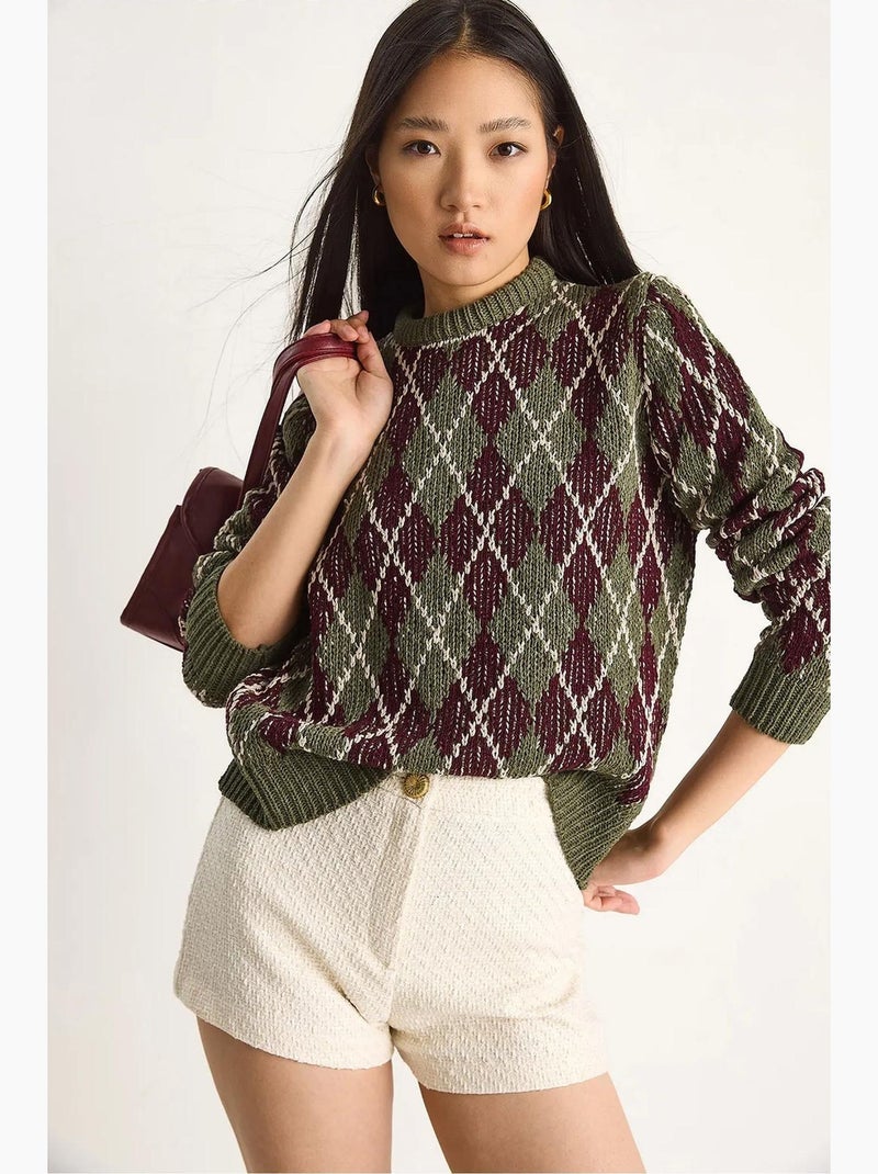 Camisola de malha de mulher com decote redondo e padrão losango lucci Cáqui - Kiabi