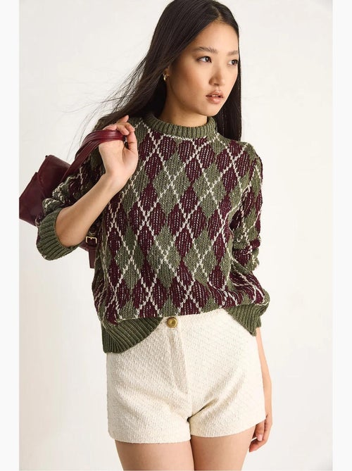 Camisola de malha de mulher com decote redondo e padrão losango lucci - Kiabi Camisola de malha de mulher com decote redondo e padrão losango lucci - Kiabi