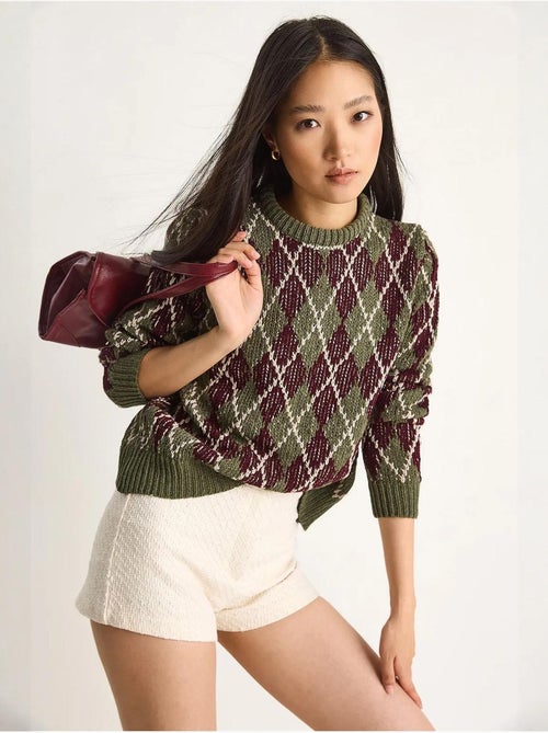 Camisola de malha de mulher com decote redondo e padrão losango lucci - Kiabi Camisola de malha de mulher com decote redondo e padrão losango lucci - Kiabi