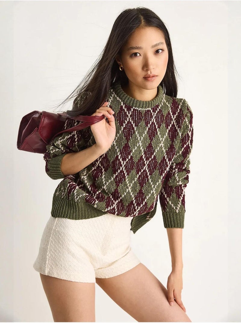 Camisola de malha de mulher com decote redondo e padrão losango lucci Cáqui - Kiabi