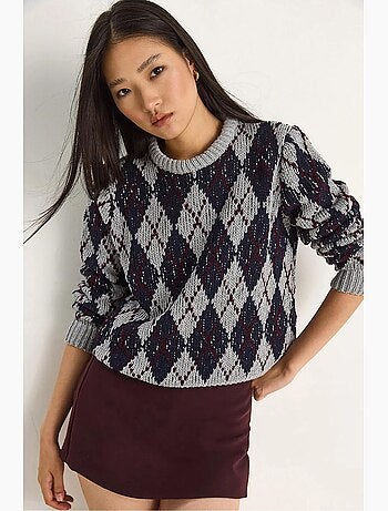 Camisola de malha de mulher com decote redondo e padrão losango lucci