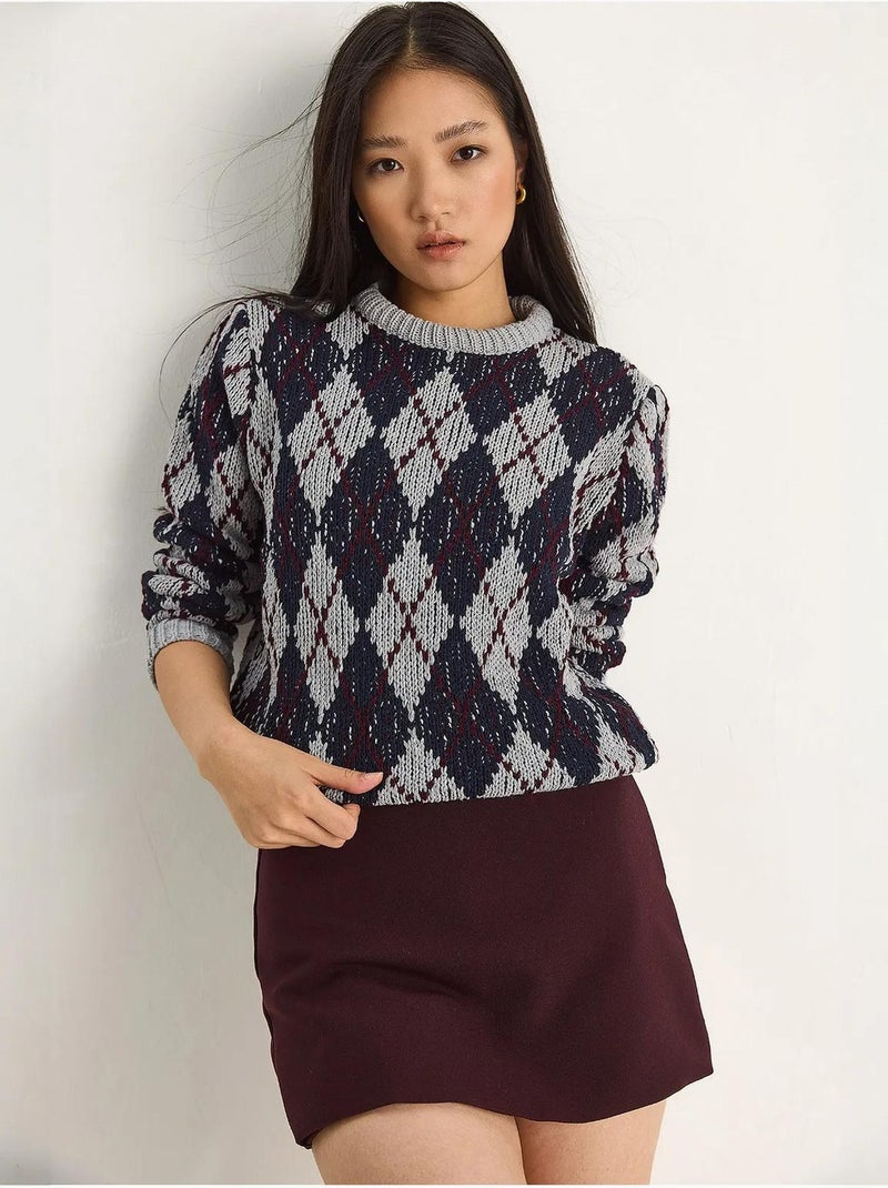 Camisola de malha de mulher com decote redondo e padrão losango lucci Cinza - Kiabi