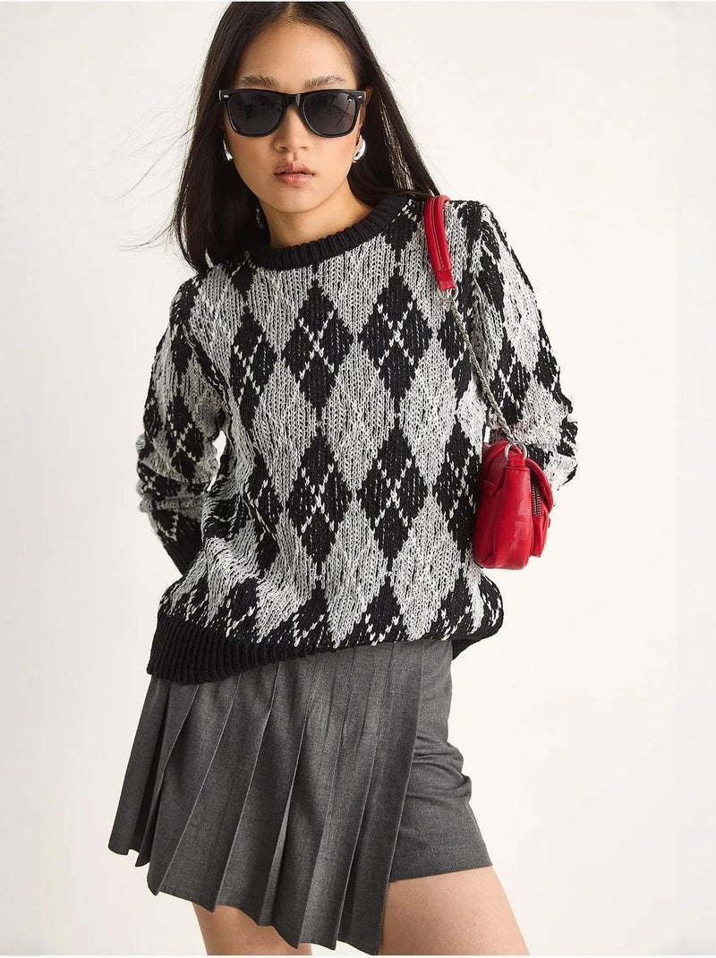 Camisola de malha de mulher com decote redondo e padrão losango lucci Preto - Kiabi