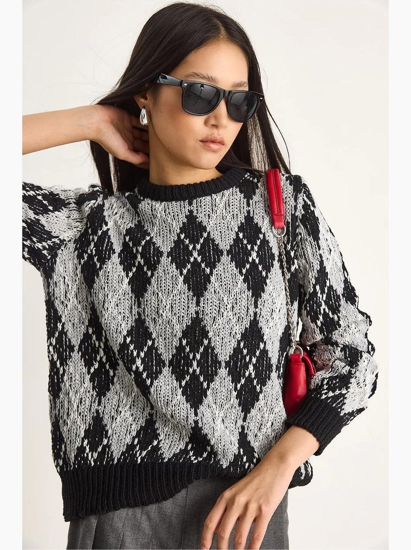 Camisola de malha de mulher com decote redondo e padrão losango lucci Preto - Kiabi