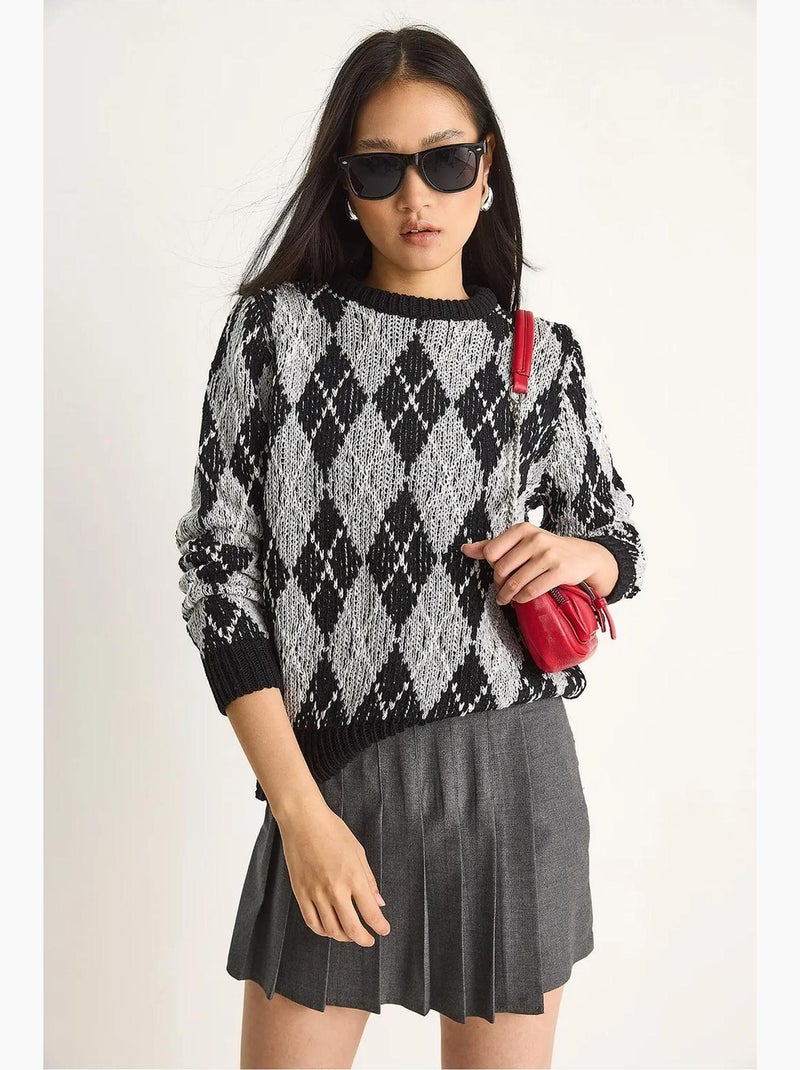 Camisola de malha de mulher com decote redondo e padrão losango lucci Preto - Kiabi