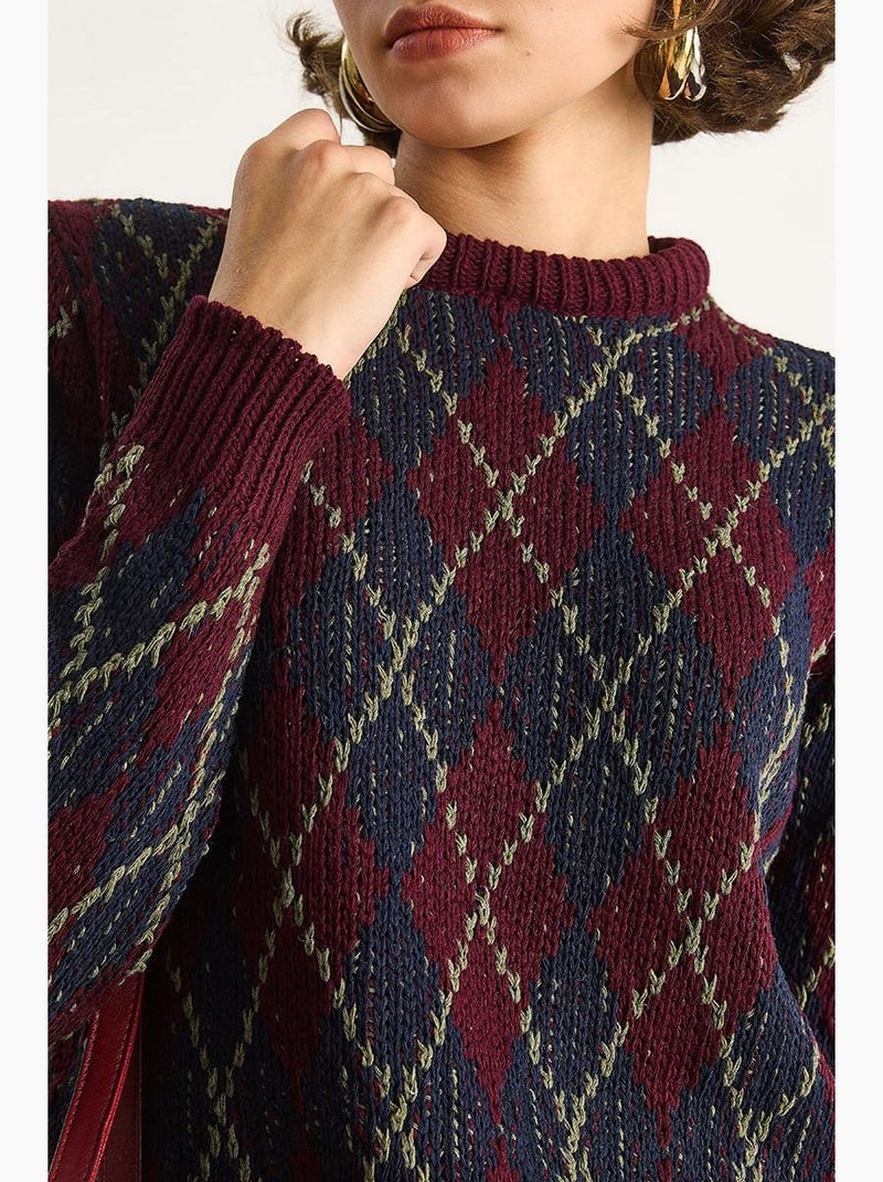 Camisola de malha de mulher com decote redondo e padrão losango lucci Vermelho granada - Kiabi