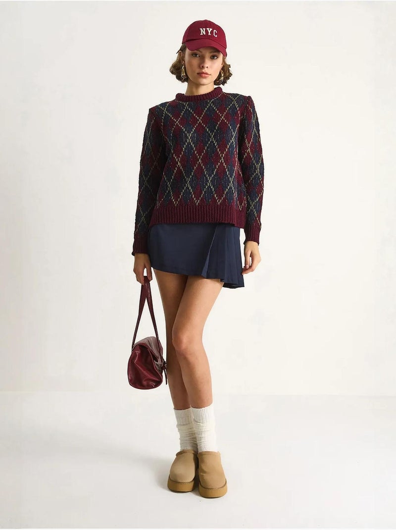Camisola de malha de mulher com decote redondo e padrão losango lucci Vermelho granada - Kiabi