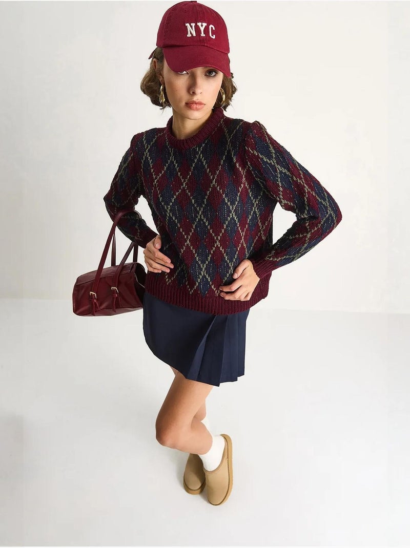 Camisola de malha de mulher com decote redondo e padrão losango lucci Vermelho granada - Kiabi