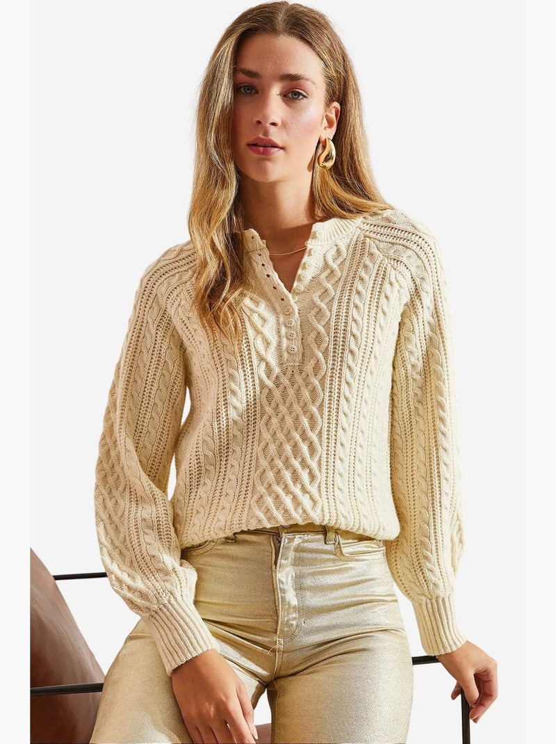 Camisola de malha entrançada com botões lucci Creme - Kiabi
