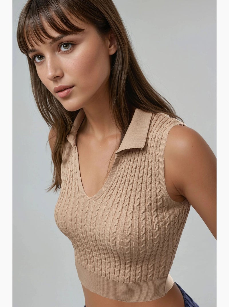 Camisola de malha entrançada com decote em v my fashion Camelo - Kiabi