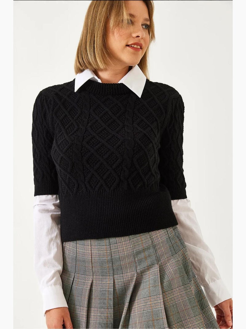 Camisola de malha entrançada com detalhes de camisa lucci Preto - Kiabi