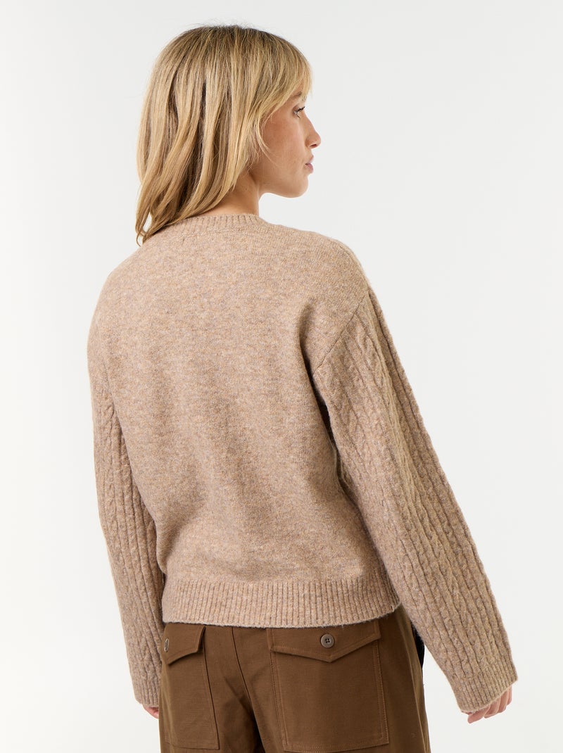 Camisola de malha entrançada com gola redonda Bege - Kiabi