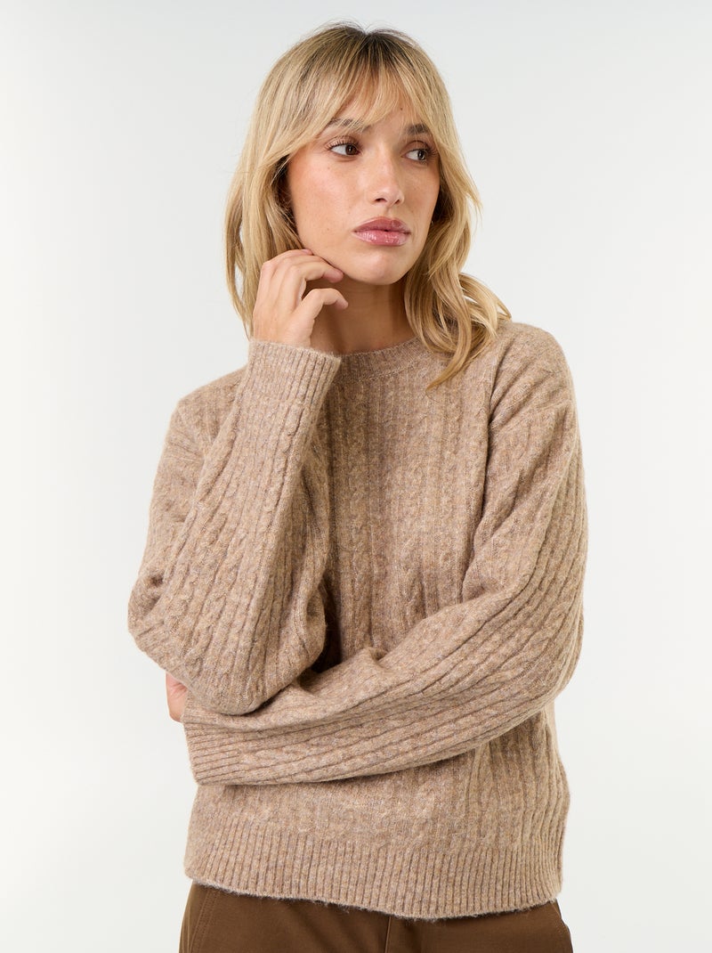 Camisola de malha entrançada com gola redonda Bege - Kiabi