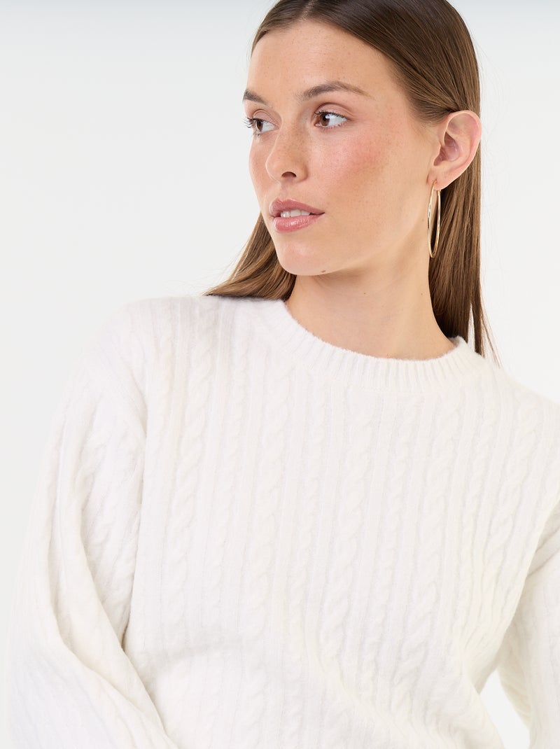 Camisola de malha entrançada com gola redonda Branco - Kiabi
