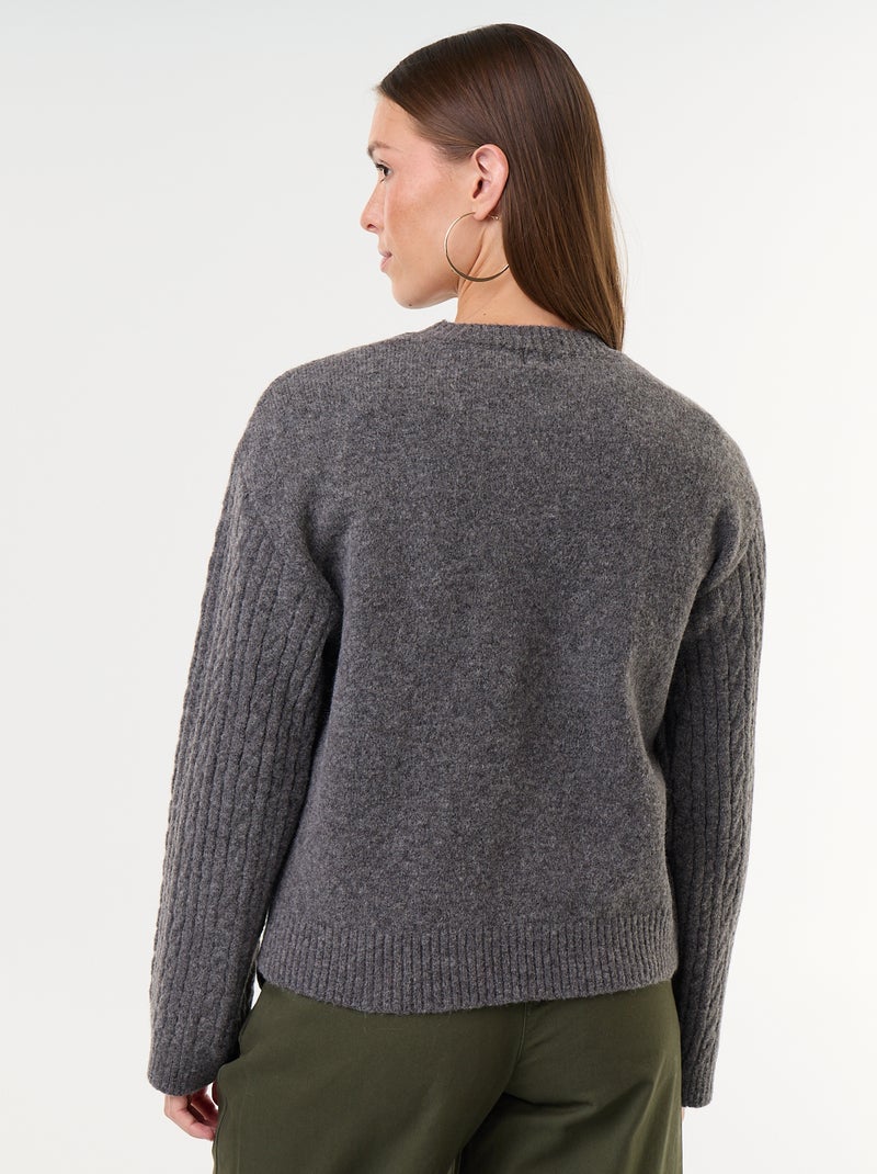 Camisola de malha entrançada com gola redonda Cinza - Kiabi