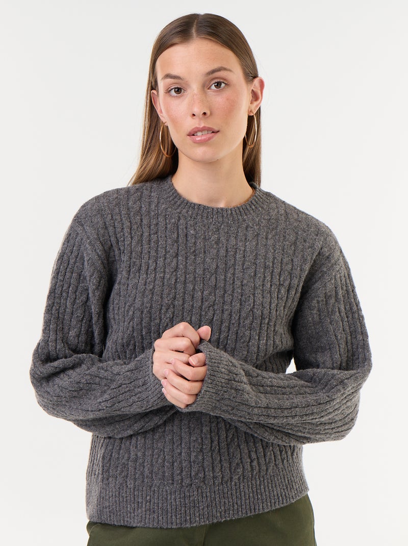 Camisola de malha entrançada com gola redonda Cinza - Kiabi