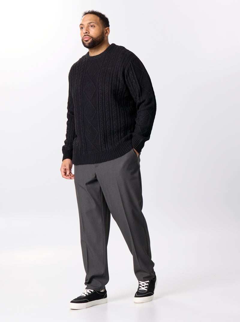 Camisola de malha entrançada de gola redonda Preto - Kiabi