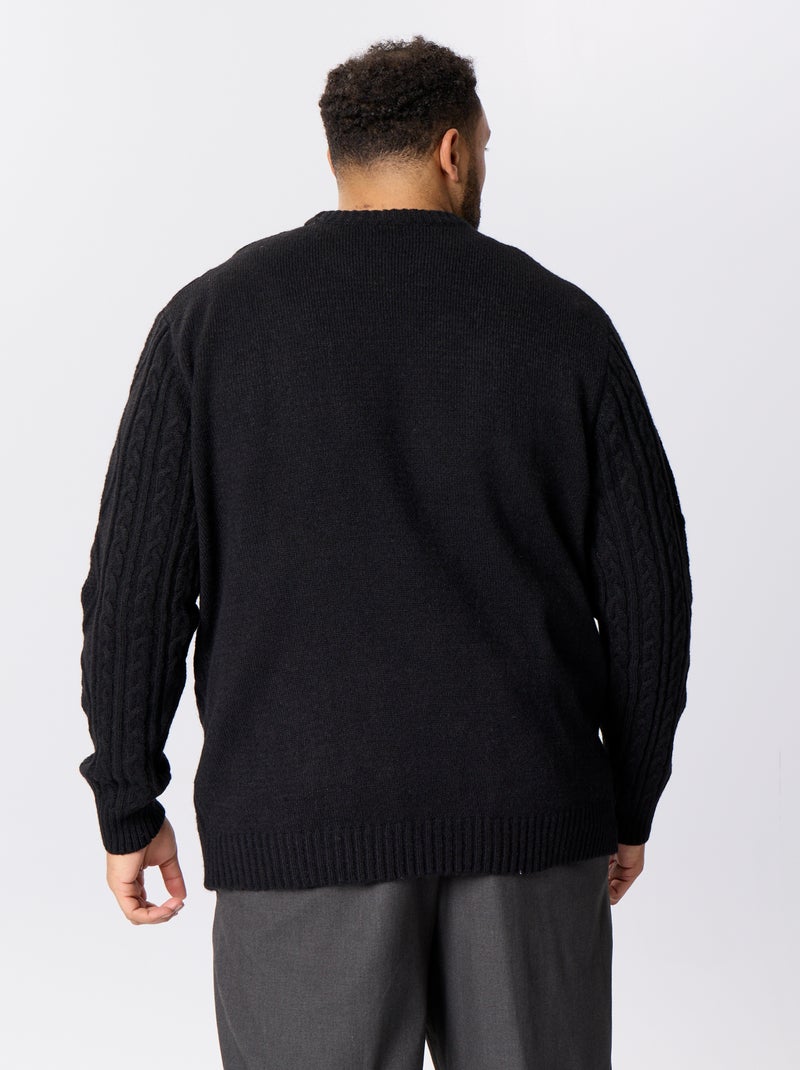 Camisola de malha entrançada de gola redonda Preto - Kiabi