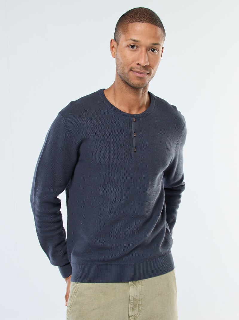 Camisola de malha fantasia com gola redonda abotoada Azul - Kiabi