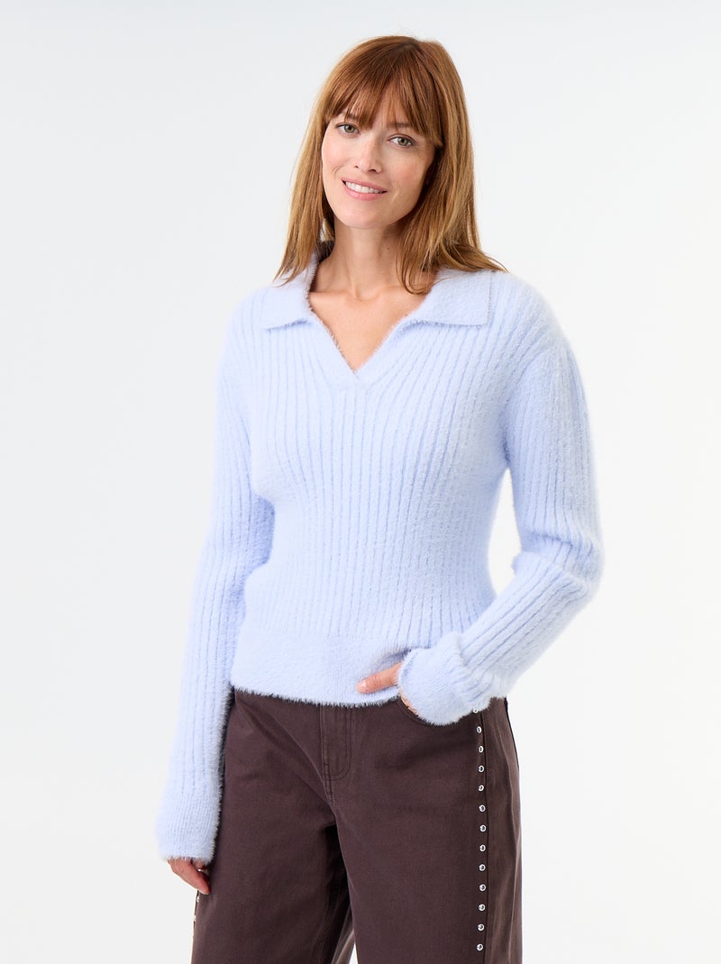 Camisola de malha felpuda com gola polo Azul - Kiabi
