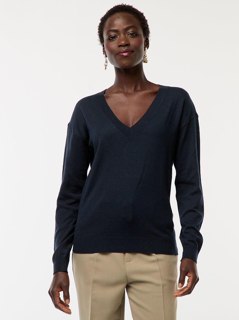 Camisola de malha fina com decote em bico Azul - Kiabi