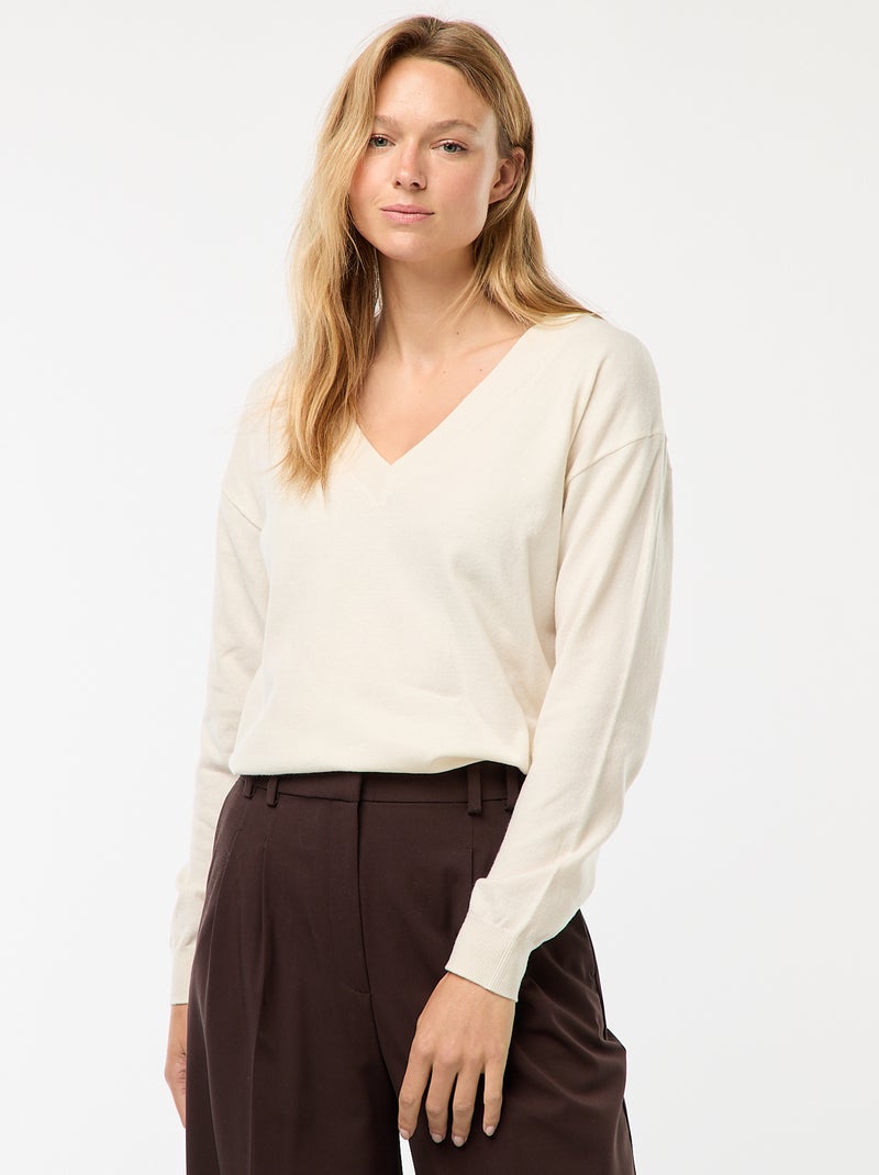 Camisola de malha fina com decote em bico Branco - Kiabi