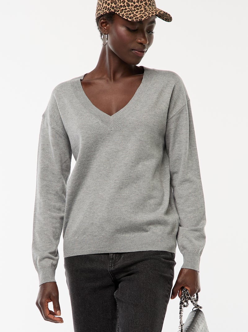 Camisola de malha fina com decote em bico Cinza - Kiabi