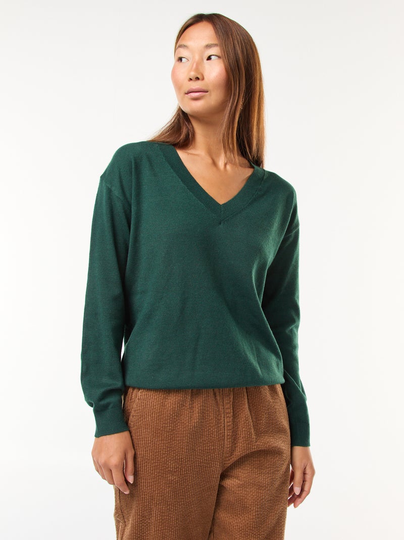 Camisola de malha fina com decote em bico Verde - Kiabi