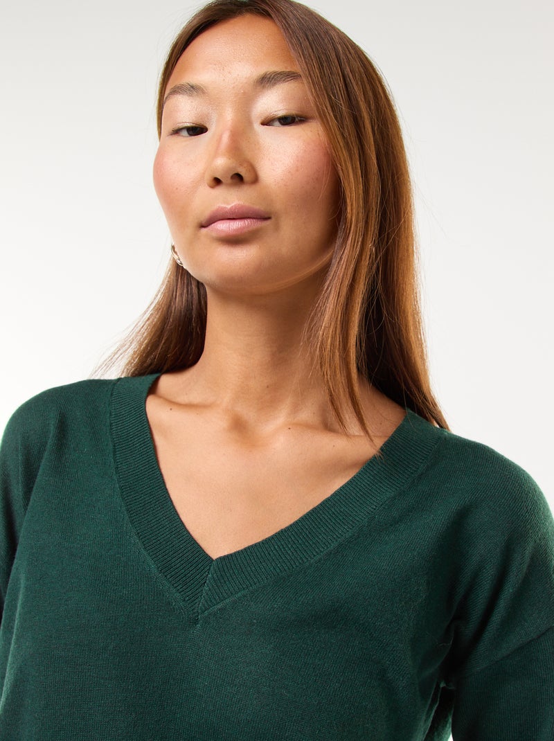 Camisola de malha fina com decote em bico Verde - Kiabi