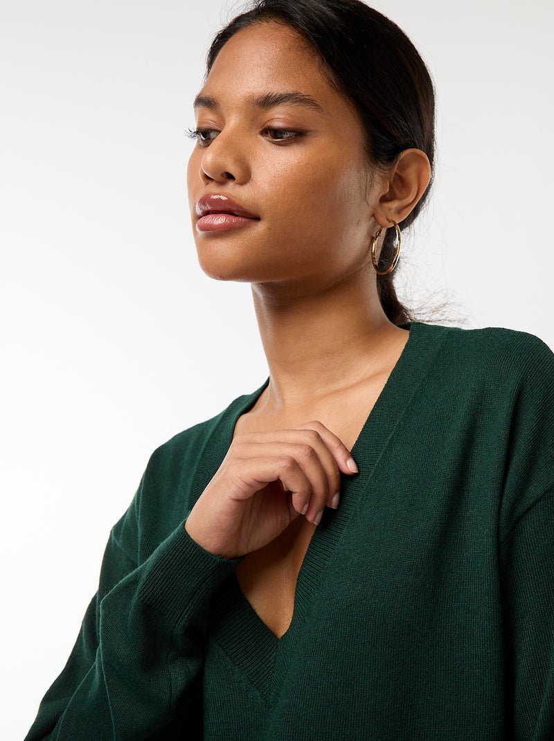 Camisola de malha fina com decote em bico Verde - Kiabi