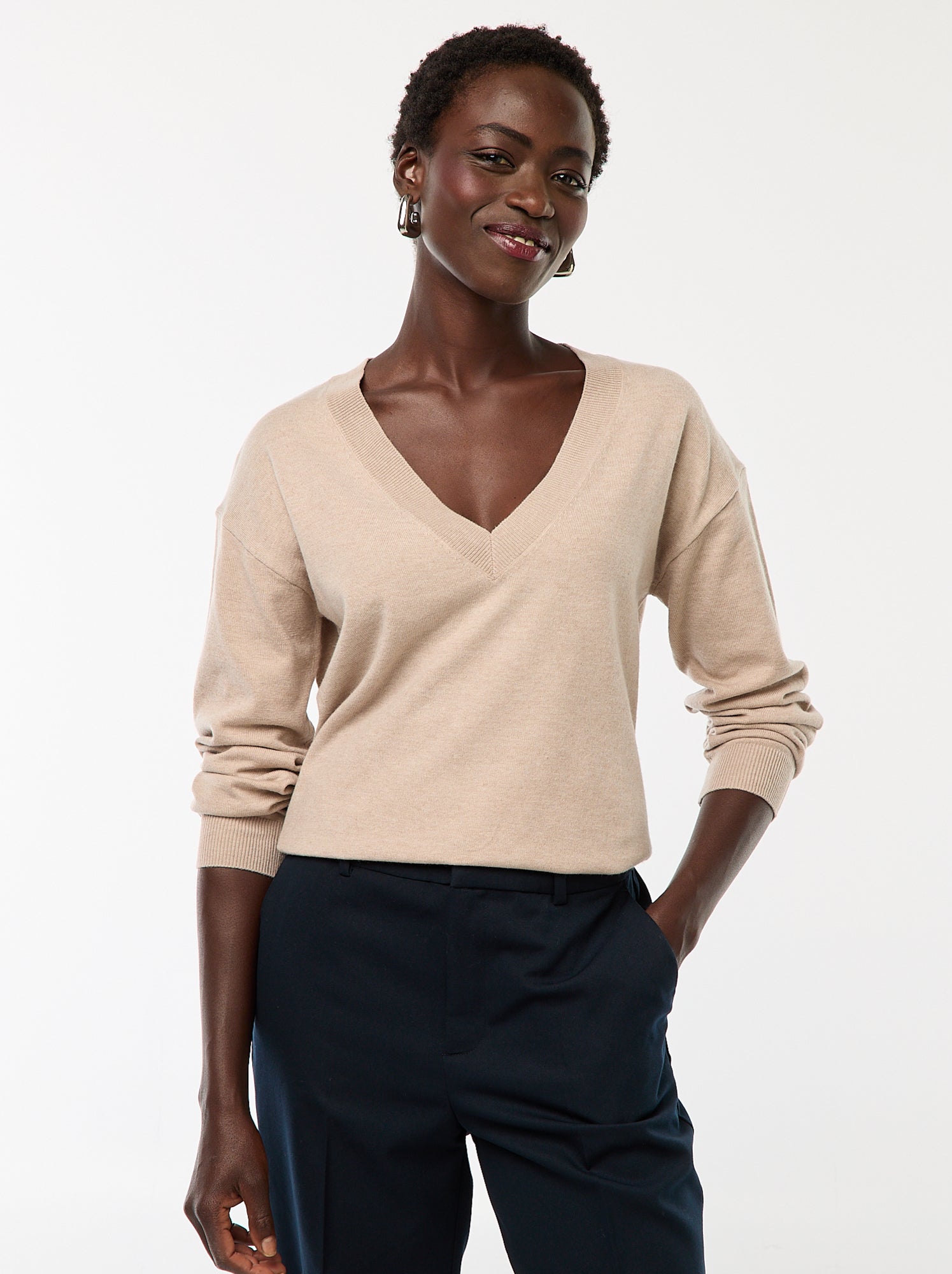 Camisola de Malha Fina com Decote em V